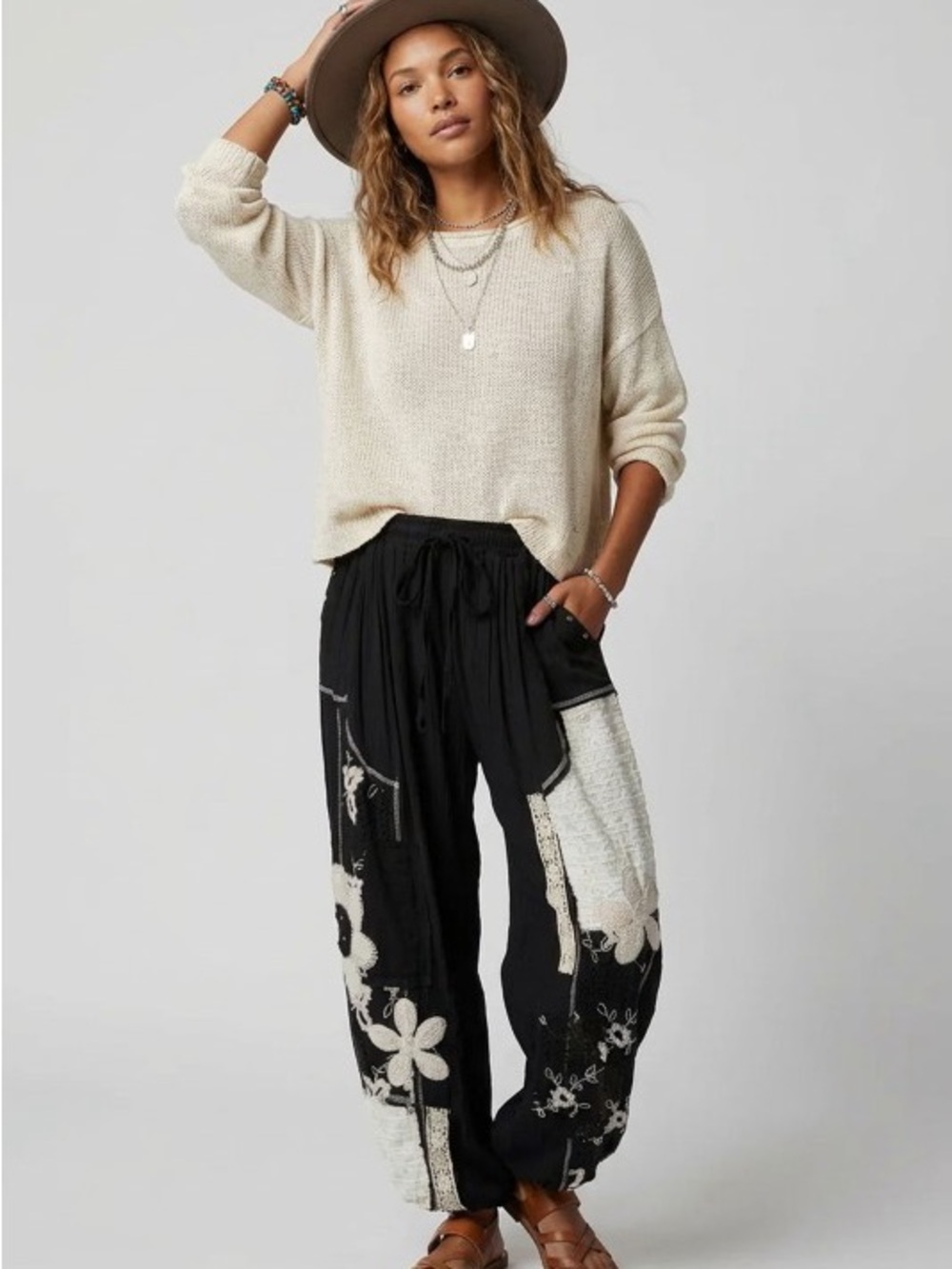 Black Wide-Leg Floral Patchwork Jogger Pants
